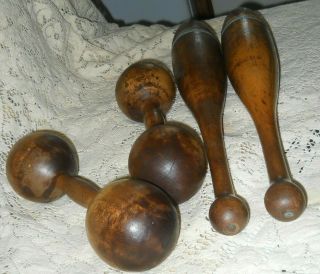 Antique Wooden Dumbbells & Juggling Pins Primitive Wood 6