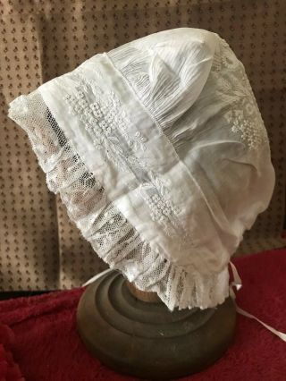 Remarkable Antique Early 19th C.  Ladies Bonnet Needle Normandy Lace On Muslin