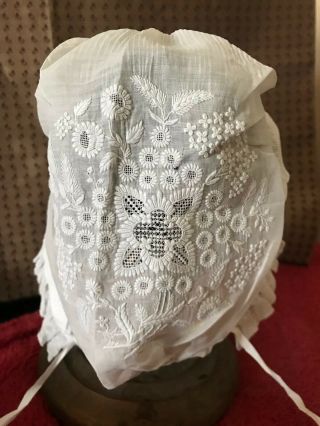 Remarkable Antique Early 19th C.  LADIES BONNET Needle Normandy lace on Muslin 4