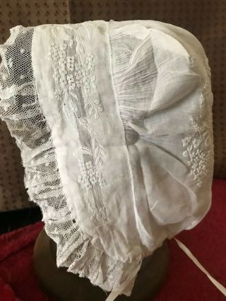 Remarkable Antique Early 19th C.  LADIES BONNET Needle Normandy lace on Muslin 5