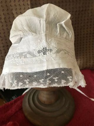 Remarkable Antique Early 19th C.  LADIES BONNET Needle Normandy lace on Muslin 7