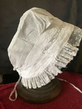 Remarkable Antique Early 19th C.  LADIES BONNET Needle Normandy lace on Muslin 8