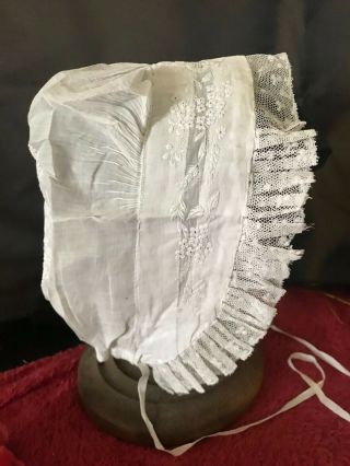 Remarkable Antique Early 19th C.  LADIES BONNET Needle Normandy lace on Muslin 9