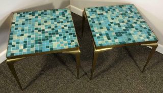 Pair Mid Century Modern Italian Designer Brass Mosaic Glass Tile Side Tables