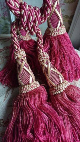 Pair Vintage French Silk Curtain Tassel Tie Backs Cranberry