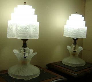 Antique Lalique Style Art Deco Skyscraper Frosted Glass Table Lamps 1935