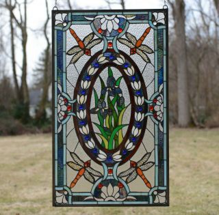 Handcrafted Stained Glass Window Panel Dragonfly & Iris Flowers,  20.  5 " X 34.  75 "