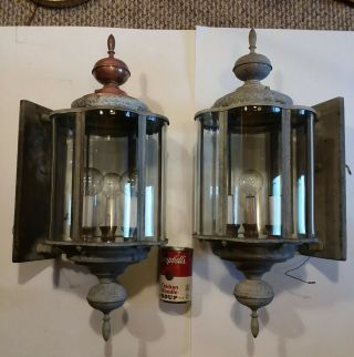 Antique Pair Copper Porch Sconces Light Fixtures Lantern Vintage Old 23 " Tall