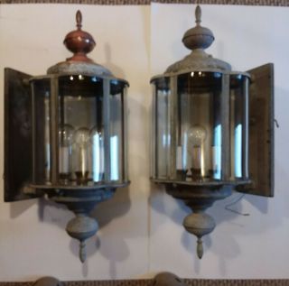 Antique Pair Copper Porch Sconces Light Fixtures Lantern Vintage Old 23 