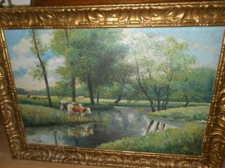 Large old oil painting,  Landscape with cows,  and trees,  great frame.  Is antique 2