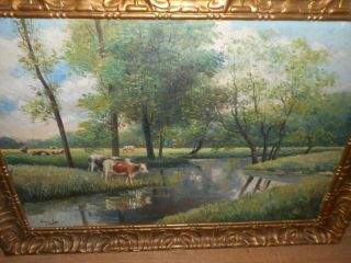 Large old oil painting,  Landscape with cows,  and trees,  great frame.  Is antique 3