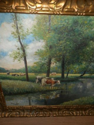 Large old oil painting,  Landscape with cows,  and trees,  great frame.  Is antique 4