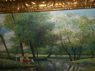 Large old oil painting,  Landscape with cows,  and trees,  great frame.  Is antique 5