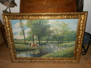Large old oil painting,  Landscape with cows,  and trees,  great frame.  Is antique 6