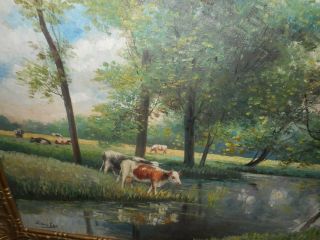 Large old oil painting,  Landscape with cows,  and trees,  great frame.  Is antique 7