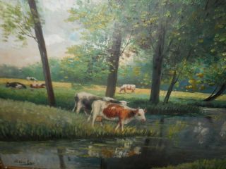 Large old oil painting,  Landscape with cows,  and trees,  great frame.  Is antique 8