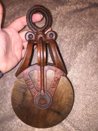 RARE Vintage Cast Iron & Wood Hudson Mall 1120 Barn Hay Pulley Old Farm 11