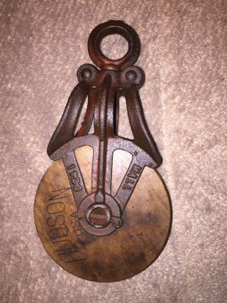 RARE Vintage Cast Iron & Wood Hudson Mall 1120 Barn Hay Pulley Old Farm 3