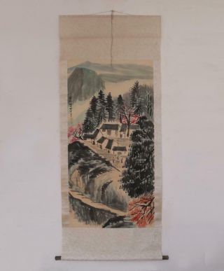 He Haixia Signed Old Chinese Hand Painted Calligraphy Scroll W/landscape