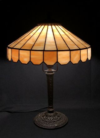C.  1915 - 20’s Lamb Brothers Slag Glass Leaded Glass Shade Electric Table Lamp Nr