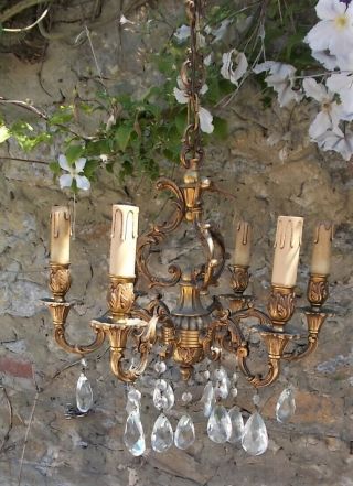 Vintage Bronze Gilt French Crystal Glass Light Chandelier