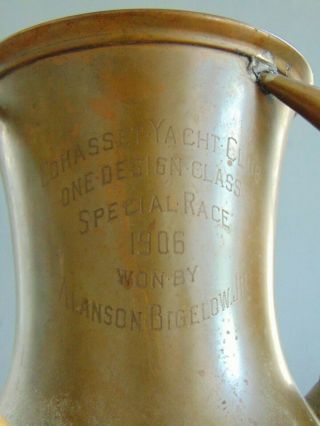 c.  1906 ANTIQUE LOVING CUP YACHT RACING TROPHY - COPPER with THREE HORN HANDLES 4