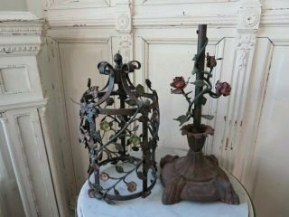 OMG Old Cast Metal BASE & SHADE Tole ROSES & FLOWERS Unique Architectural Piece 10
