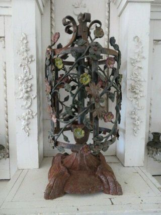 Omg Old Cast Metal Base & Shade Tole Roses & Flowers Unique Architectural Piece