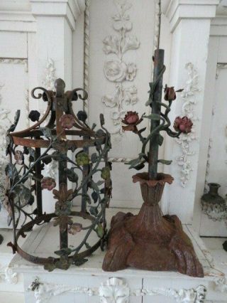 OMG Old Cast Metal BASE & SHADE Tole ROSES & FLOWERS Unique Architectural Piece 3