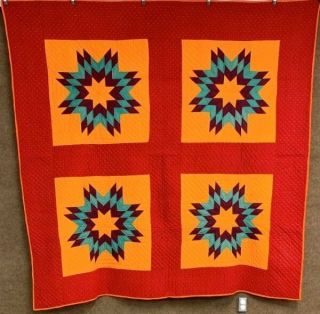 Glowing Cheddar C 1890 - 1900 Stars Antique Quilt Red 4 Block