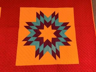Glowing Cheddar c 1890 - 1900 Stars ANTIQUE Quilt Red 4 Block 3