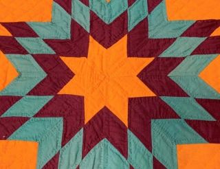 Glowing Cheddar c 1890 - 1900 Stars ANTIQUE Quilt Red 4 Block 5