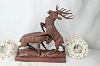 Large Black Forest Wood Carved Deer Fight Hunting Statue Sculpture Signed