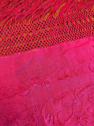 Antique Large EMBROIDERED SILK Piano SHAWL Wrap Burgundy RED 10