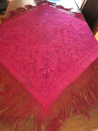Antique Large Embroidered Silk Piano Shawl Wrap Burgundy Red