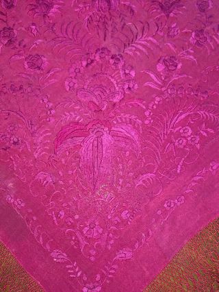 Antique Large EMBROIDERED SILK Piano SHAWL Wrap Burgundy RED 2
