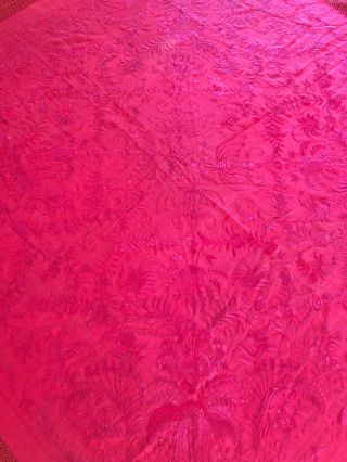 Antique Large EMBROIDERED SILK Piano SHAWL Wrap Burgundy RED 3