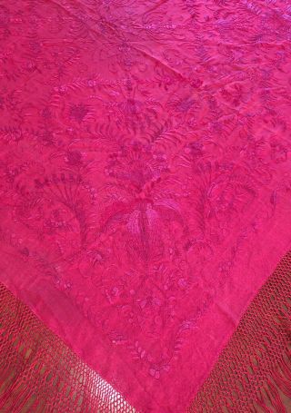 Antique Large EMBROIDERED SILK Piano SHAWL Wrap Burgundy RED 5