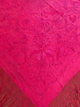 Antique Large EMBROIDERED SILK Piano SHAWL Wrap Burgundy RED 6