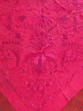 Antique Large EMBROIDERED SILK Piano SHAWL Wrap Burgundy RED 7