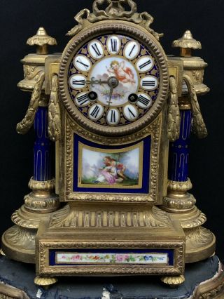 Antique French Mantle Clock Beautifully Gilded With Blue Sevres Porcelain 4