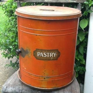 Early Primitive Metal Round Pie Safe Pastry Holder Old Orange Paint Sliding Door