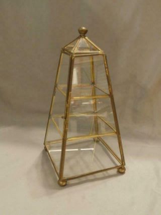 Brass Glass 3 Shelf Obelisk Ftd.  Tabletop Mantle Curio Display Case 8 7/8 " Tall