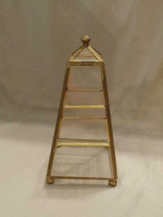 Brass Glass 3 Shelf Obelisk Ftd.  Tabletop Mantle Curio Display Case 8 7/8 