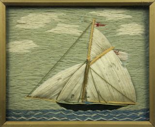 Antique Victorian folk art Sailor ' s woolwork picture of a ship maritime 2