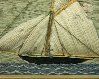 Antique Victorian folk art Sailor ' s woolwork picture of a ship maritime 4