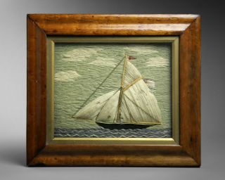 Antique Victorian folk art Sailor ' s woolwork picture of a ship maritime 5