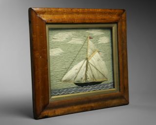 Antique Victorian folk art Sailor ' s woolwork picture of a ship maritime 6