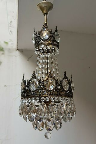 Antique Vintage Brass & Crystals French Chandelier Lighting Ceiling Lamp Light 2