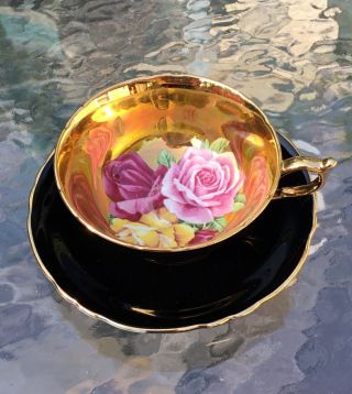 VERY RARE Paragon black tea cup and saucer triple cabbage Rose on gold 1960 12